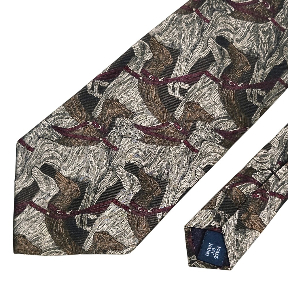 Vtg Polo Ralph Lauren Mens tie Grey Brown Dogs Hunting Sport Silk Hand Made USA